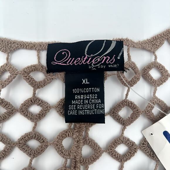 Boho Button Up Beach Cardigan NWT Questions by Say What Beige Crochet Knit  XL - Picture 5 of 8